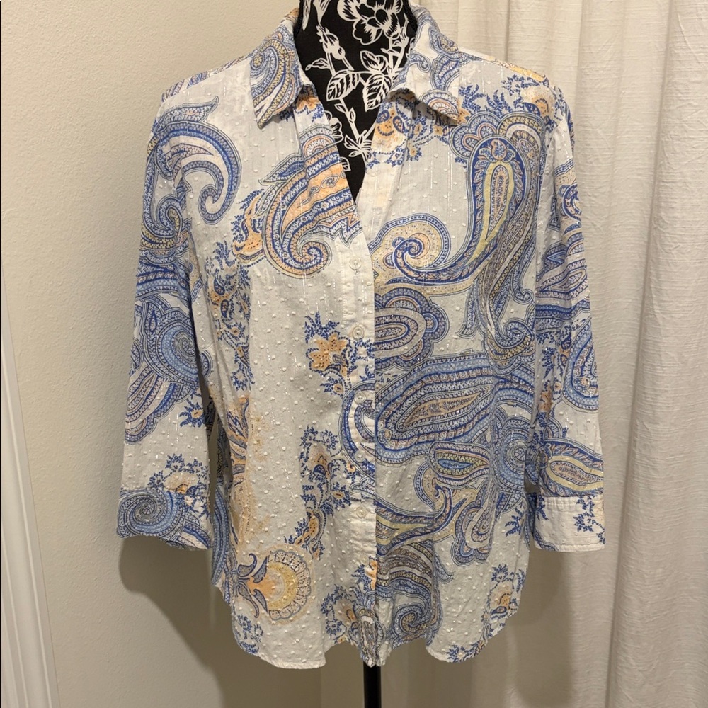 Chico's Blue and Peach Paisley Top